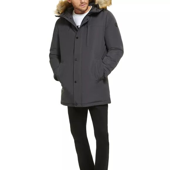 CALVIN KLEIN Men's Long Parka with Faux-Fur Lined Hood, Color: Iron, S - Picture 1 of 6